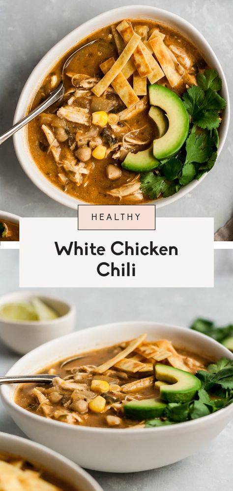 Healthy white chicken chili that's easy and dairy free. Made with green chile, chicken, corn and blended chickpeas to make it creamy. A new family favorite recipe! Serve with avocado, tortilla chips and cilantro. #chilirecipe #healthychili #mealprepping #glutenfreerecipe #chickenrecipe #weeknightdinner #familydinner Healthy White Chicken Chili, White Chicken Chili Healthy, White Chicken Chili Recipe, Slow Cooker Black Beans, Healthy Chili, White Chili Chicken Recipe, Chili Soup, Chicken Chili Recipe, White Chicken Chili