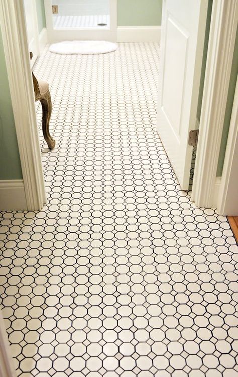 Mosaic Tile Floor Ideas for Vintage Style Bathrooms | Apartment Therapy Octagon Tile, Vintage Style Bathroom, Hexagon Tile Floor, Black Grout, Grey Grout, Mosaic Floor Tile, Bad Inspiration, Hexagon Tiles, Interior Modern