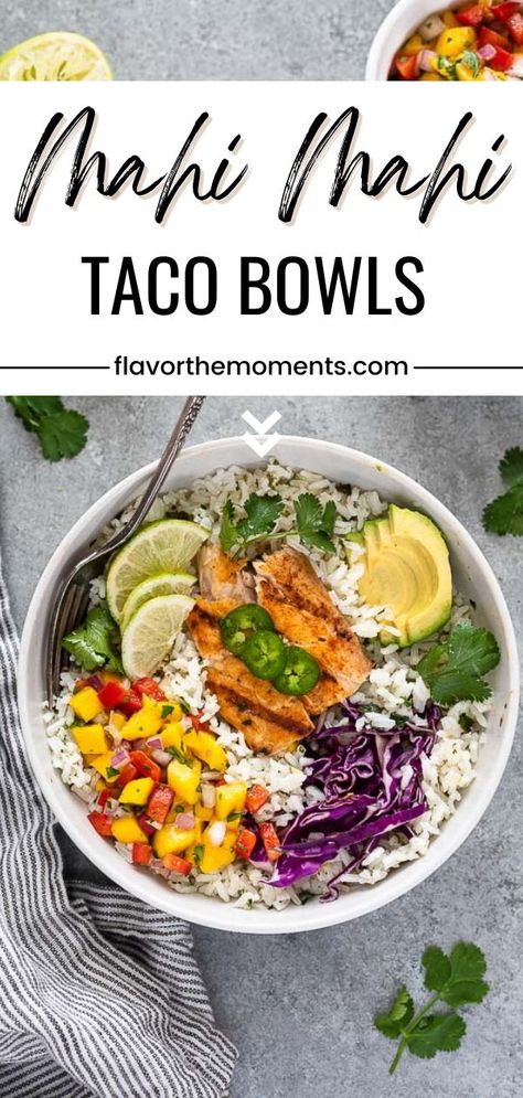 This Mahi Mahi taco bowl is hearty, satisfying and bursting with flavor and texture. It’s everything you love about fish tacos but it’s easier to eat! It can be on the table in about 30 minutes, and most of the components may be done in advance. Mahi Mahi Fish Taco Bowl, Mahi Mahi Tuna Recipe, Mahi Mahi Bowls, Mahi Bowl Recipe, Mahi Mahi Taco Bowl, Mahi Rice Bowl, Mahi Salad Recipe, Fish Protein Bowl, Mahi Mahi Meal Prep