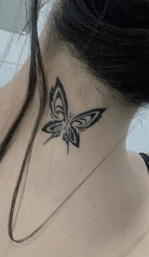 Small Tattoo Behind Neck, Cybersigilism Tattoo Butterfly, Nevertheless Tattoo, Neck Tattoo Butterfly, Small Tattoos Behind The Ear, Butterfly Tattoo Neck, Back Of Neck Tattoos For Women, Butterfly Neck Tattoo, Borboleta Tattoo