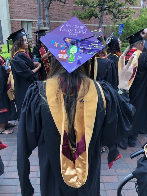 Inside out graduation cap #insideout #gradcapideas #graduation #pixar #disney Meet The Robinsons Graduation Cap, Dora Graduation Cap, Pixar Graduation Cap, Grinch Graduation Cap, Inside Out Grad Cap, Matching Graduation Caps Couples, Grad Cap Designs Disney, Inside Out Graduation Cap, Cartoon Graduation Cap