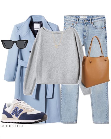 Grey With Blue Outfit, Blue And Grey Clothes, Blue Jacket Outfits Winter, Light Casual Outfits, Grey And Light Blue Outfit, Light Blue Handbag Outfit, Light Blue Sweater Dress Outfit, Light Blue Coat Outfits For Women, Soft Autumn Blue Outfit