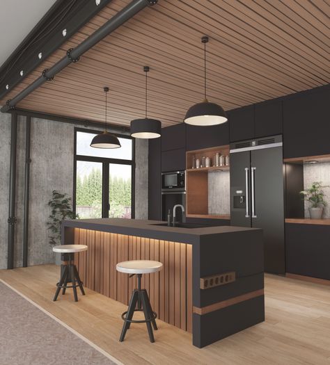 Kitchen Loft style  - Blender 3d Blender Ideas, Kitchen Loft, Loft Style, Modern House Plans, Blender 3d, Breakfast Bar, Conference Room, House Plans, Conference Room Table