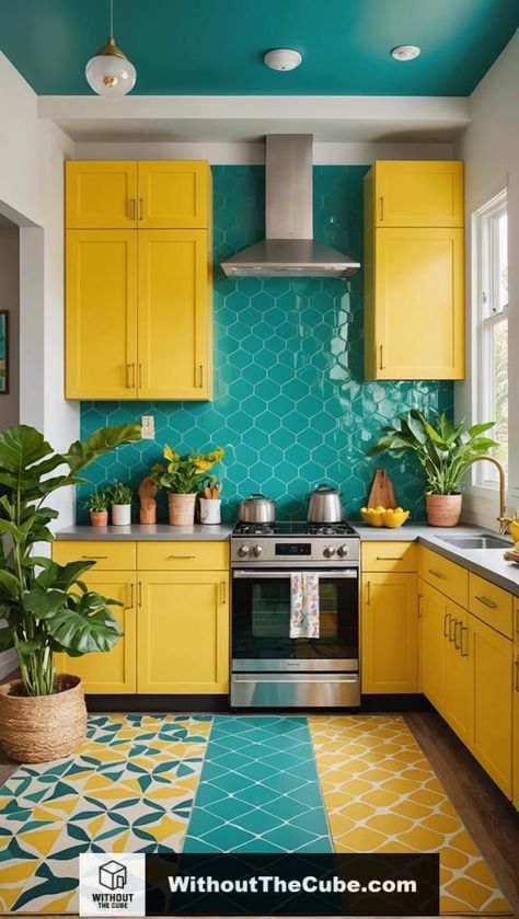 Revitalize your kitchen with bold colors and patterns. A thoughtful remodel can transform a dull space into a vibrant area, incorporating colorful tile backsplashes and modern fixtures. Discover how these design elements not only enhance visual appeal but can also significantly improve the functionality of your kitchen. Explore the possibilities. #HomeDecor #KitchenDesign #ColorAndPattern #EclecticStyle #ModernHome #HomeInspiration Bright Colourful Kitchen Ideas, Colorful Small Kitchen, Teal And Yellow Kitchen, Yellow Backsplash Kitchen, Mexican Inspired Kitchen, Colourful Kitchen Ideas, Eccentric Kitchen, Color Tile Backsplash, Kitchen Styling Ideas