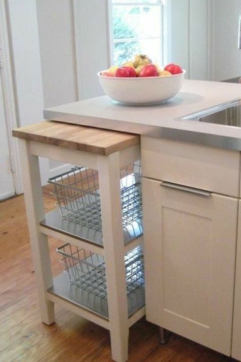 Serving Counter In Kitchen, Tiny Ikea Kitchen, Under Counter Storage, Tiny House Storage Ideas, Kitchen Ikea, Tiny House Storage, Kitchen Trolley, Budget Kitchen, Small Space Kitchen