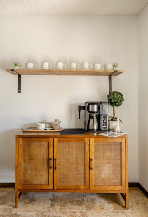 Apartment Coffee Station Mini Bar, Coffee Bar Ideas Mid Century, Coffee Bar Scandinavian, Coffee Assessories, Japandi Coffee Station, Coffee Station Furniture, Coffee Bar Under Window, Mcm Coffee Bar, Japandi Coffee Bar