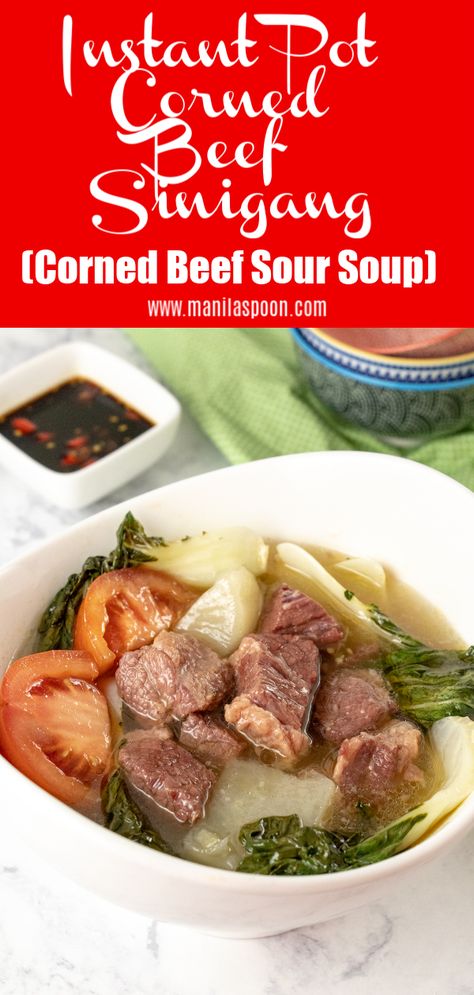 This has now become a classic favorite in my household. Use your corned beef and turn it into this delicious and hearty soup loaded with vegetables with a tangy mouth-puckering flavor that would leave your tastebuds asking for more! Made even easier in the Instant Pot - this Sinigang na Corned Beef (Corned Beef Sour Soup) produces a melt-in-your-mouth tender beef that is oh-so-good! #sinigang #sinigangnacornedbeef #cornedbeefsinigang #filipinofood Sinigang Recipe, Corn Beef, Corned Beef Brisket, Corned Beef Recipes, Cabbage Recipe, Hearty Soup, Sour Soup, Tender Beef, Easy Instant Pot Recipes