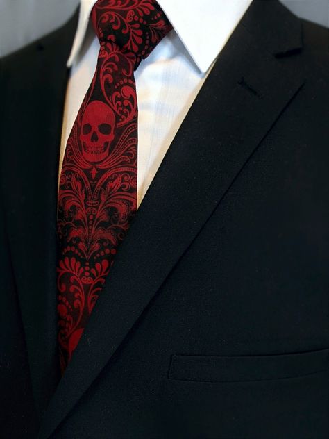 Suit With Red Tie, Skull Tie, Black And Red Suit, Make A Tie, Goth Wedding, Dark Wedding, Broken Arrow, Red Skull, Halloween This Year