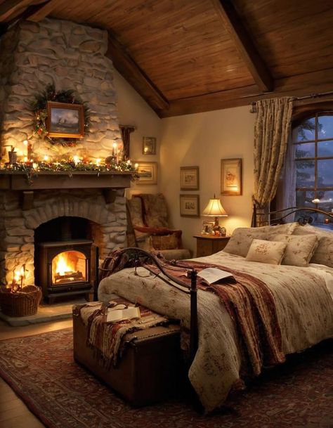 Cozy Cabin Bedrooms, Bedroom With Fireplace, Barndominium Interior, Cabin Bedroom, Cabin Interiors, Cottage Bedroom, Barn Homes, Cottage Interiors, Dreamy Bedrooms