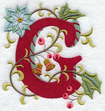 Jacobean Christmas Letter G - 5 Inch design (G7439) from www.Emblibrary.com Library Embroidery, Freestanding Lace Embroidery, Embroidery Alphabet, Christmas Alphabet, Christmas Letter, Monogram Pillows, Holiday Flower, Monogram Alphabet, Lettering Style