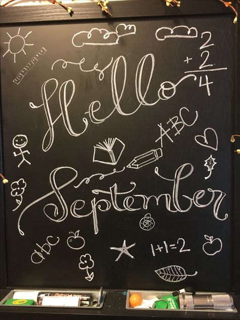 Hello September chalkboard Chalk Boarder Designs September, September Chalkboard Art Ideas, September Chalkboard Art, September Chalkboard, Fall Chalkboard, Chalkboard Art Quotes, Chalk Lettering, Chalkboard Ideas, Hello September