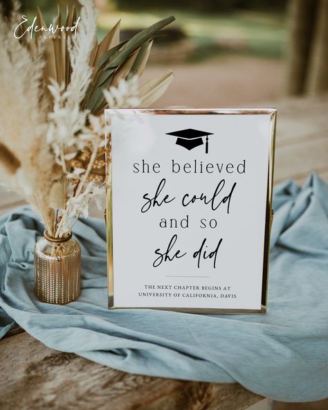 "Graduation She Believed She Could So She Did Next Chapter Begins At Sign Purchase, personalize, and print within minutes! Edit using the Templett app in your computer browser - no additional software needed! Please try demo and seek clarification before purchasing the template. FREE DEMO https://templett.com/design/demo/edenwoodpaperie/26361433,26444167   Copy and paste the link above into your browser to see how easy it is to personalize your template before you purchase. This will not work on tablets or mobile devices.  GET THE SIGN BUNDLE 👉 Graduation Sign Bundle:  https://etsy.me/3Nkt1pk WHAT YOU GET * 8x10\" Graduation Sign Template * 5x7\" Graduation Sign Template * Unlimited edits & downloads 👉 Print with Prints of Love & get FREE envelopes with your order:  https://printsoflove. She Did It, Graduate Sign Ideas, Graduation Signs To Hold Up At Ceremony, Welcome To Graduation Party Sign, Wooden Graduation Signs, Congrats Signs For Graduation, Graduation Party Signs Brown Paper, College Graduation Parties, Graduation Signs