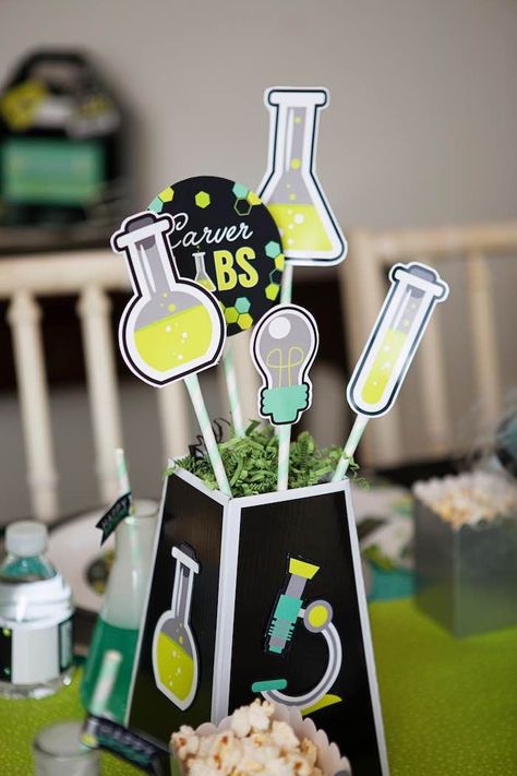 Table Centerpiece from a Science Lab Birthday Party via Kara's Party Ideas KarasPartyIdeas.com (37) Lab Birthday Party, Science Lab Decorations, Science Party Decorations, Science Themed Party, Science Birthday Party Ideas, Scientist Birthday Party, Scientist Birthday, Mad Science Party, Mad Scientist Party