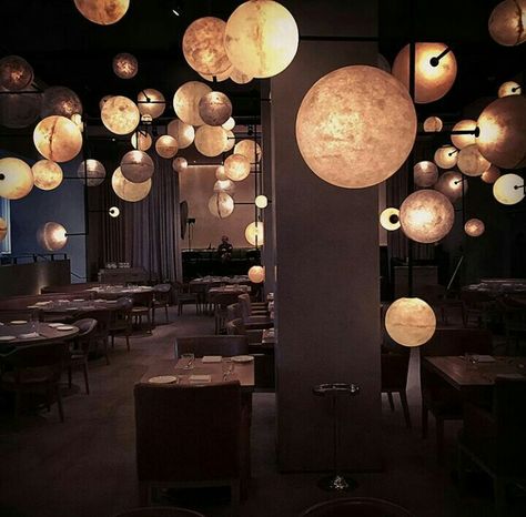 Dark Restaurant, Casino Design, Moon Cafe, Bistro Design, Celestial Decor, Mars Rover, Round Lamp, Coffee Shop Aesthetic, Warm Decor