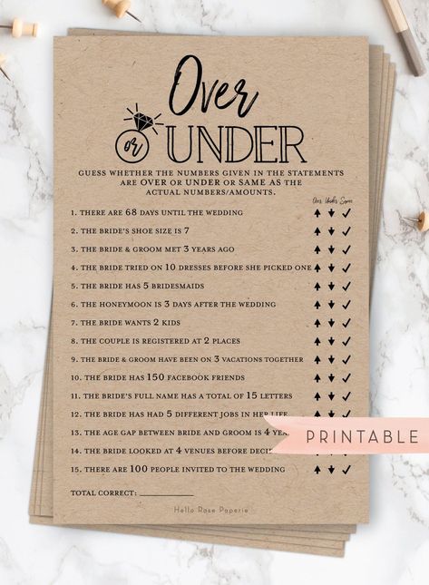 Over or Under Printable Game . Bridal Wedding Couples Shower . Bachelorette Hens Party . Instant Download . Rustic Kraft + Black and White Rustic Bridal Shower Games, How To Dress For A Wedding, Fun Bridal Shower Games, Wedding Game, Couples Bridal Shower, Couple Wedding Shower, Bridal Shower Planning, Hens Party, Printable Bridal Shower Games