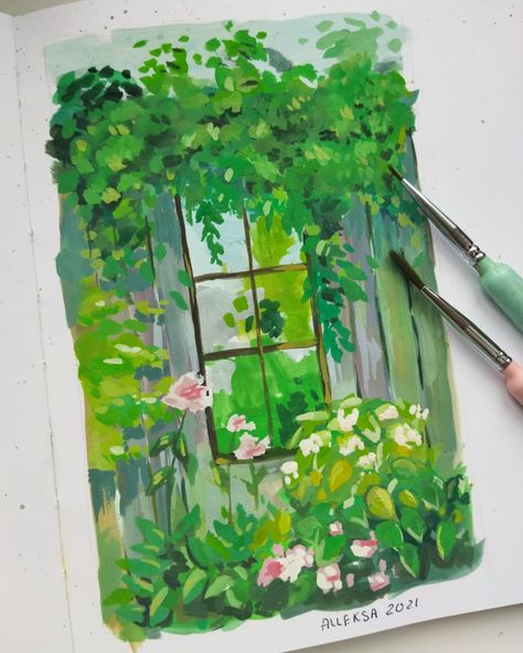 Acrylic And Gouache Paintings, Cute Paintings Nature, Nature Marker Art, Magical Landscape Painting, Nature Reference For Painting, Gouache Painting On Canvas, Himi Paintings, Gouache Painting Inspiration, Gouache Art Easy