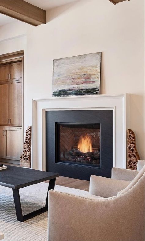 Modern Fireplace Frame, Fireplace On Blank Wall, Fireplace Wood Surround Ideas, 42 Inch Fireplace, Tiered Fireplace Mantle, Art Over Fireplace Modern, Modern Neutral Fireplace, Transitional Gas Fireplace Design, Contemporary Fireplace Surround