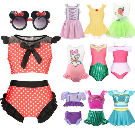 Disney Girl Swimwear Minnie Mouse 2PCS Bikini 2024 Summer Vacation Beachwear Mermaid Ariel Rapunzel Princess Swimsuit, Rapunzel Princess, Swimwear Girls, Disney Girls, Neck Collar, Rapunzel, Girl Cartoon, Above The Knee, Summer Girls