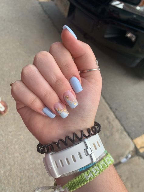 Simple, spring, coffin, gold flakes, cute acrylic nails Silver Flakes Acrylic Nails, Blue Nails With Gold Flakes, Acrylics Coffin, Gold Acrylics, Baby Blue Nails, Gold Flakes, Cool Nail Designs, Gold Nails, Cute Acrylic Nails