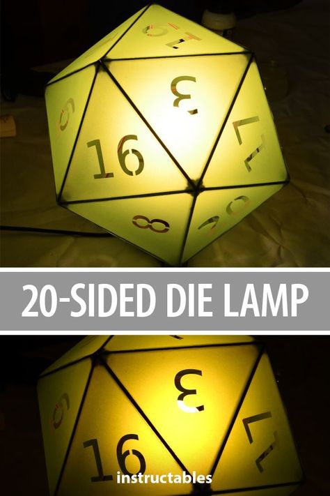 This 20-sided die lamp is made from laser cut plywood and colored layer paper. The perfect lamp for a gamer. #lighting #dice #game #DnD #lasercut #geodesic #home #decor Side Lamp Diy, Dnd Lamp, Dnd Decor, Laser Cut Wall Art, Game Cafe, Laser Cut Decor, Lamp Inspiration, Laser Cut Plywood, Laser Cut Wood Crafts