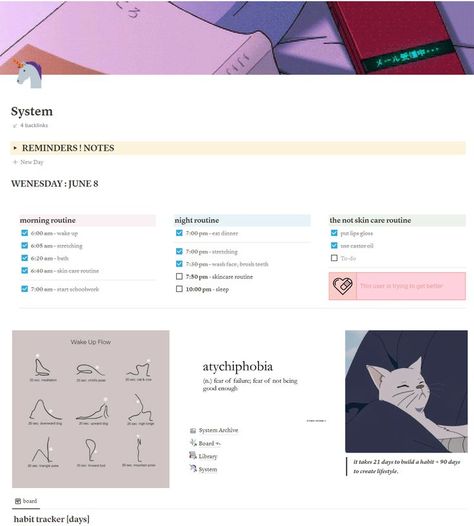 my notion aesthetic ideas inspo for organizing my life lmao, system contains daily morning and night routines. cries in the not skin care routine lololol Notion Daily Routine, Night Routine Notion, Notion Header Gif, Morning Routine Notion, Notion Routine, Notion Header Aesthetic, Cheengu Blue, Organizing My Life, Notion Template For Work