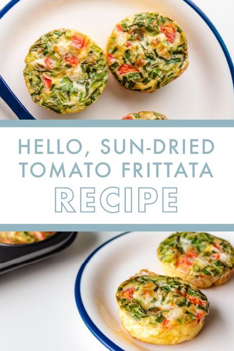 If you like eggs, you’re going to love this Sun-Dried Tomato Frittata Recipe! Made into mini-servings, these robust frittatas are packed full of flavor and they’re super easy to make! You can prep to share with the whole family or even toss them in the fridge to eat throughout the week. Check out the blog post for the full recipe Tomato Frittata, Danette May, Frittata Recipe, Egg Dishes, Frittata Recipes, 300 Calories, Sun Dried Tomatoes, Cooked Veggies, Eating Clean