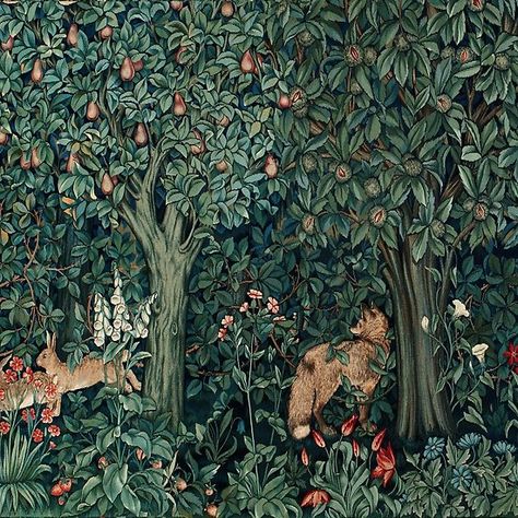 GREENERY, FOREST ANIMALS Fox and Hares Blue Green Floral Tapestry  #floral #flowers #forest #williammorris #beauty #nature #tapestries #fashion #rabbits #animals #antique #vintage #blue #leaves  #trees #fantasy #fox #hares #fruittrees Morris Homes, Christmas Luxury, Fine Art Textiles, Custom Shower Curtains, Wood Animal, John Henry, Bath Towels Luxury, Floral Shower Curtains, Tapestry Art