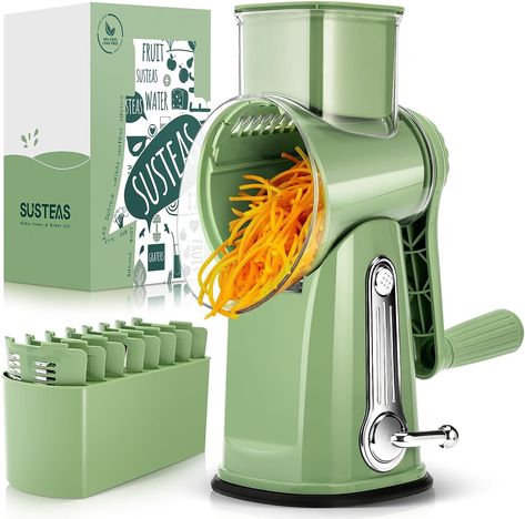 - Food Shredder with 5 Well-designed Blades & Strong Suction Base,Round Mandoline Slicer & Vegetable Grater for Kitchen,1 Bonus Blade Storage Box(Retro Green) Cheese Shredder, Vegetable Shredder, Mandoline Slicer, Mandolin Slicer, Vegetable Chopper, Cheese Grater, Vegetable Slicer, Food Chopper, Kitchen Utensils Gadgets