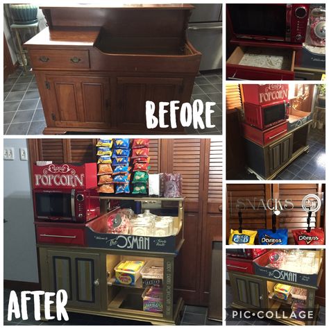 I converted a dry sink into a kick ass movie concession stand. Movie night will never be the same again!  Also great for a movie party or a cinema themed game room or family room. Home Concession Stand Ideas, Home Concession Stand, Movie Concession Stand, Movie Theater Concession, Movie Theater Concession Stand, Diy Concession Stand, Diy Movie Theater, Themed Game Room, Home Movie Theater