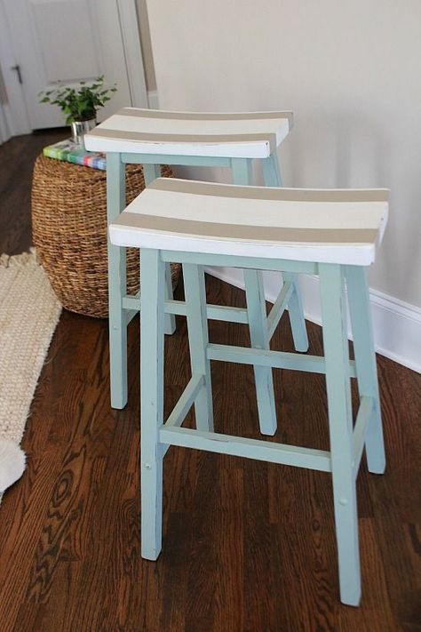 DIY Painted Furniture Makeover. Saddle Seat Bar Stools Get a Fresh Look. Perfect for Coastal, Lake and Beach Chic Home Decorating Styles! Refresh Restyle Coastal Bar Stools, Saddle Seat Bar Stool, Saddle Seat, Coastal Living Rooms, Coastal Bedrooms, Decorating Styles, Nautical Home, Painting Furniture Diy, Beach Chic