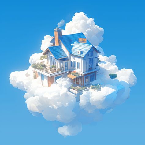 A cartoon cozy log cabin floating on a rock island amidst a sea of fluffy clouds. 🏡☁️✨ #FloatingCabin #SkyIsland #CloudHaven #Dreamscape #SurrealHome #SkyHighLiving #EtherealRetreat #FantasyGetaway #MagicalRealism #WhimsicalLiving #Anime #Cartoon House On Clouds, Cozy Log Cabin, Cloud Island, Fluffy Clouds, Isometric Illustration, Rock Island, Anime Cartoon, A Sea, Sky High