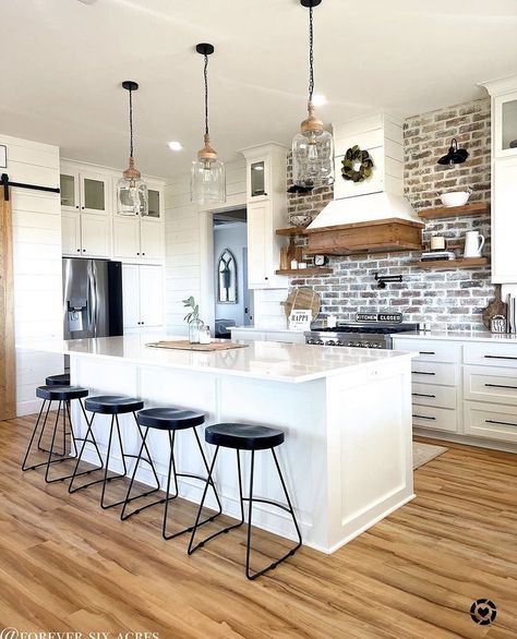 Farmhouse Bar Stools, Monday Coffee, Kitchen Post, White Kitchen Island, Brick Backsplash, Kitchen Design Open, Modern Kitchen Design Open Concept, Kitchen Farmhouse, Modern Farmhouse Kitchens