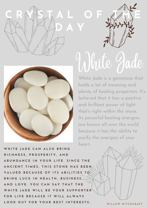 White Jade Crystal Meaning, Yooperlite Crystal Meaning, Jade Crystal Meaning, Crystal Education, Crystal Wishlist, Spiritual Notebook, Jade Meaning, Gemstone Properties, Jade Crystal