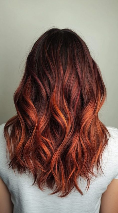 17 Red Copper Balayage Ideas: Stunning Ways to Add Warmth and Style to Your Hair | LooksNiceOnMe Dark Hair With Orange Highlights, Dark Copper Hair Balayage, Red Hair Orange Highlights, Dark Hair Copper Highlights, Brown Roots Red Hair, Light Brown And Red Hair, Red Streak In Brown Hair, Dark Copper Hair With Blonde Highlights, Natural Red Hair With Lowlights