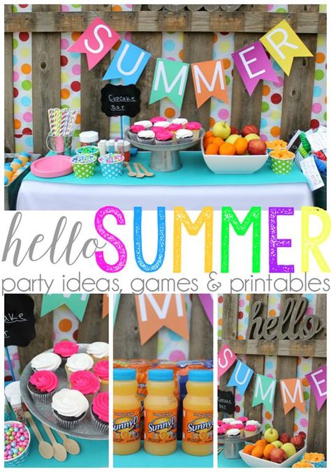 Hello Summer party ideas, games & printables | Love the bright colors for a sunny backyard party Hello Summer Party, Sunny Backyard, Party Ideas Games, Summer Party Ideas, Summer Bash, Summer Party Themes, Summer Party Decorations, Summer Birthday Party, Summer Pool Party