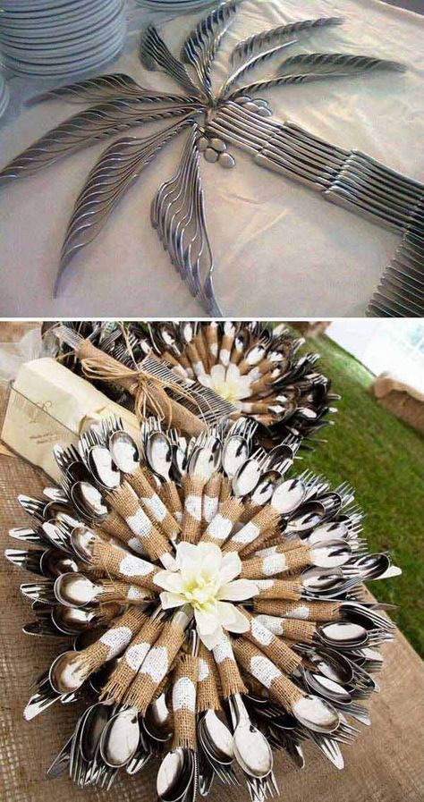 30+ Creative DIY Ideas To Save Money On Your Wedding 2017 Cutlery Display, Wedding Cutlery, Wedding Table Display, Hacks To Save Money, Tafel Decor, Vlasové Trendy, Ideas For Wedding, Forks And Spoons, Deco Floral