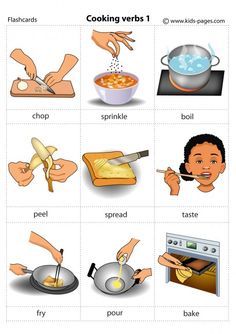 Cooking Verbs 1 flashcard Cooking In Kindergarten, Cooking Words, Cooking Vocabulary English, Kitchen Verbs, Cooking Verbs, Cooking Terms, Kitchen Words, To Learn English, Learning English For Kids