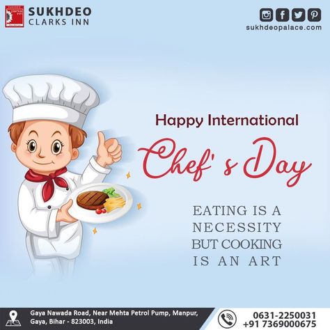 Happy International Chefs Day || Eating is a necessity but cooking is an art. For Booking contact us on +𝟗𝟏 7369000675, 0631-2250031 You can book your visit on www.sukhdeopalace.com #internationalchefsday #elegant #deliciousfood #luxurious #hotel #rooms #restaurant #swimmingpool #sukhdeopalace #specialday #BestRestaurnt #bestrestaurantingaya #gayacity International Chef Day, Chef Day, Luxurious Hotel Rooms, Happy Womens Day Quotes, World Chef, Mauritius Island, Luxurious Hotel, Photo Logo Design, Food Poster Design