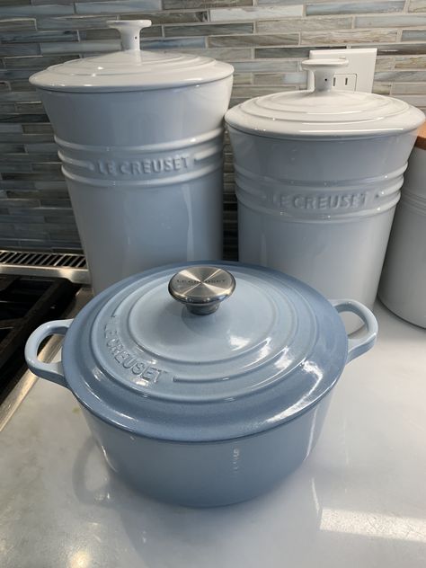 Light Blue Cookware, Blue Cookware Set, Blue Le Creuset, Coastal Granddaughter Kitchen, Le Creuset Coastal Blue, Cast Iron Display Ideas, Blue Home Aesthetic, Le Creuset Aesthetic, Blue Kitchen Aesthetic