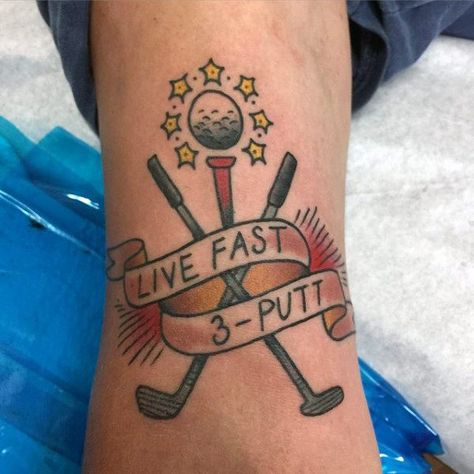 Guys Calves Golf Clubs And Banner Tattoo Golf Tattoo Ideas, Traditional Golf Tattoo, Golfing Tattoo, Golf Related Tattoos, Golf Tattoo Minimal, Golf Tattoo, Katy Perry Tattoos, Cara Delevingne Tattoo, Golf Drawing