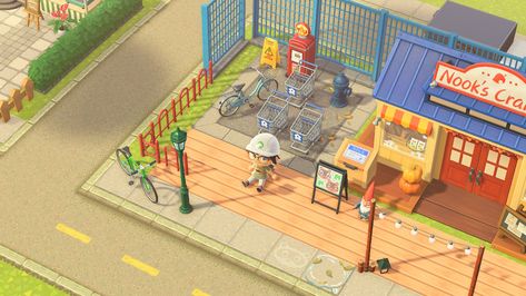 Acnh Community Center Ideas, Store Front Animal Crossing, Acnh Entrance Ideas Resident Services, Animal Crossing Supermarket Ideas, Shopping Center Acnh, Acnh Convenience Store, Animal Crossing Store Front Ideas, Acnh Amusement Park Ideas, Nooks Cranny Design Acnh