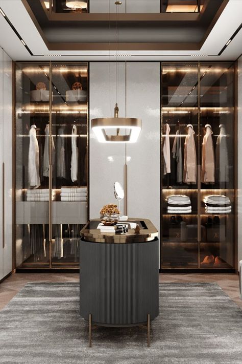 A striking visual composition that finds its balance through the harshness of the textures and the subtlety of the warm tones, where every detail makes the design! An amazing open closet room project by Sarah Habib. Modern Classic Walk In Closet, Dressing Table Layout, Classic Walk In Closet, Modern Closet Designs, Hotel Room Design Plan, Penthouse Design, Dressing Room Closet, Wardrobe Space, Warm Bedroom