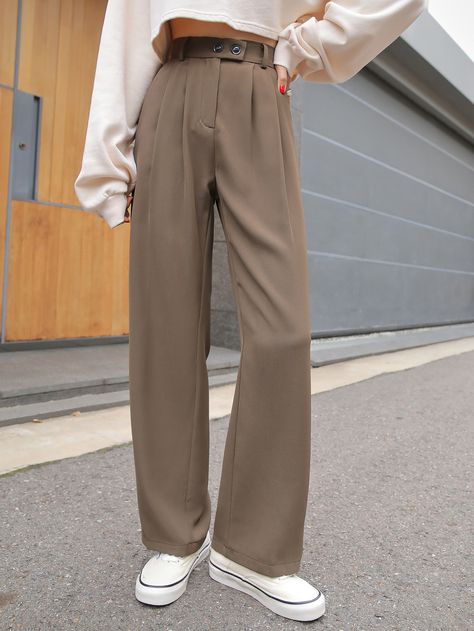 Coffee Brown Elegant   Polyester Plain Straight Leg Embellished Non-Stretch All Women Bottoms Pleated Pants Work Outfit, Women Trouser Outfit, Coffee Trousers Outfit, Straight Fit Trousers Women, Straight Pants For Women, Coffee Pants Outfits, Staylesh Women, Stylish Pants Women Trousers, Brown Pleated Pants Outfit