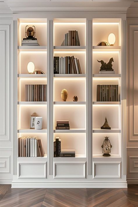 Room Shelves Bedroom Ideas, Office Shelving Decor, Classy Bookshelves, Classic Library Design, Shelving With Lights, Books Design Ideas, New Classic Bedroom Design, Library For Home, Library Ideas For Home