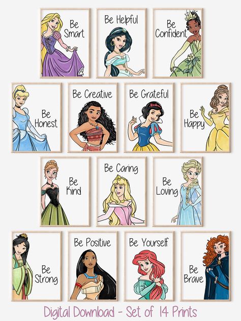 Set of 14 Princesses With Affirmation DIGITAL Prints, Girl Bedroom Wall Art, Princess Themed, Be Kind, Be Brave, Be Yourself, Empowerment - Etsy Diy Princess Room, Disney Princess Room Decor, Princess Kids Room, Girl Bedroom Wall Art, Disney Themed Bedrooms, Disney Princess Room, Princess Room Decor, Disney Princess Theme, Princess Wall Art