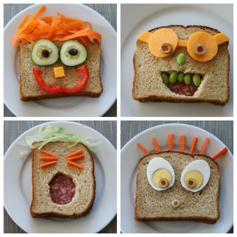 Kids Lunches: 4 Easy Sandwich Face Ideas Kids Birthday Food, Kid Sandwiches, Kids Vegetables, Decorações Com Comidas, Food Art For Kids, Fun Lunch, Healthy Sandwiches, Simple Sandwiches, Sandwiches For Lunch