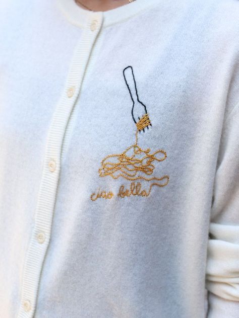 Pasta Lover Cardigan Pasta Embroidery, Embroidered Hoodie Diy, Things To Embroider, Lover Cardigan, Small Embroidery Designs, Tshirt Inspiration, Embroider Ideas, Hoodie Diy, Custom Sweaters