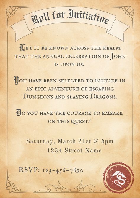 Dnd Party Invitations, Dungeons Dragons Party, Dnd Bachelorette Party, D And D Party, Dungeons And Dragons Themed Party, Dungeon And Dragons Birthday Party Ideas, Dungeons And Dragons Wedding Ideas, D&d Party Ideas, Dnd Food Party Ideas