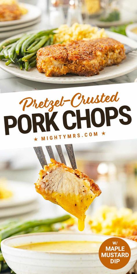 Moist inside, crispy on the outside. These pretzel-crusted pork chops are served with with a tangy dip for the ultimate fall comfort food that easy to make. Battered and dipped in crunchy crushed pretzels and served with a Dijon mustard and maple syrup, apple cidar vinegar sauce. YUM. Try this recipe for a delicious but simple weeknight dinner. Serve with string beans and rice or your choice of sides. Pretzel Crusted Pork Chops, Clean Eating Pork Chops, Maple Pork Chops, Apple Cidar, Maple Sauce, Mustard Pork Chops, Vinegar Sauce, Mustard Dip, Breaded Pork Chops