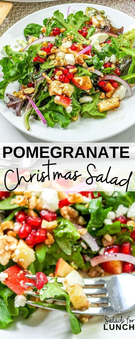 Winter Salad Recipes Pomegranate, Holiday Salad Pomegranate, Christmas Pomegranate Salad, Christmas Salad With Pomegranate Seeds, Lettuce Pomegranate Salad, Green Salad Christmas, Christmas Green Salad Recipes, Winter Salad With Pomegranate, Vege Salad Recipes